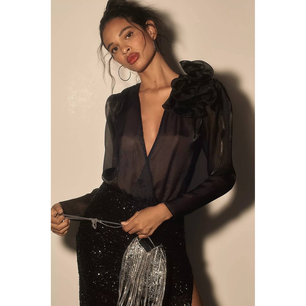 Bardot NWT Galia Organza Wrap Bodysuit Black Rosette Sheer V-Neck-Size 4